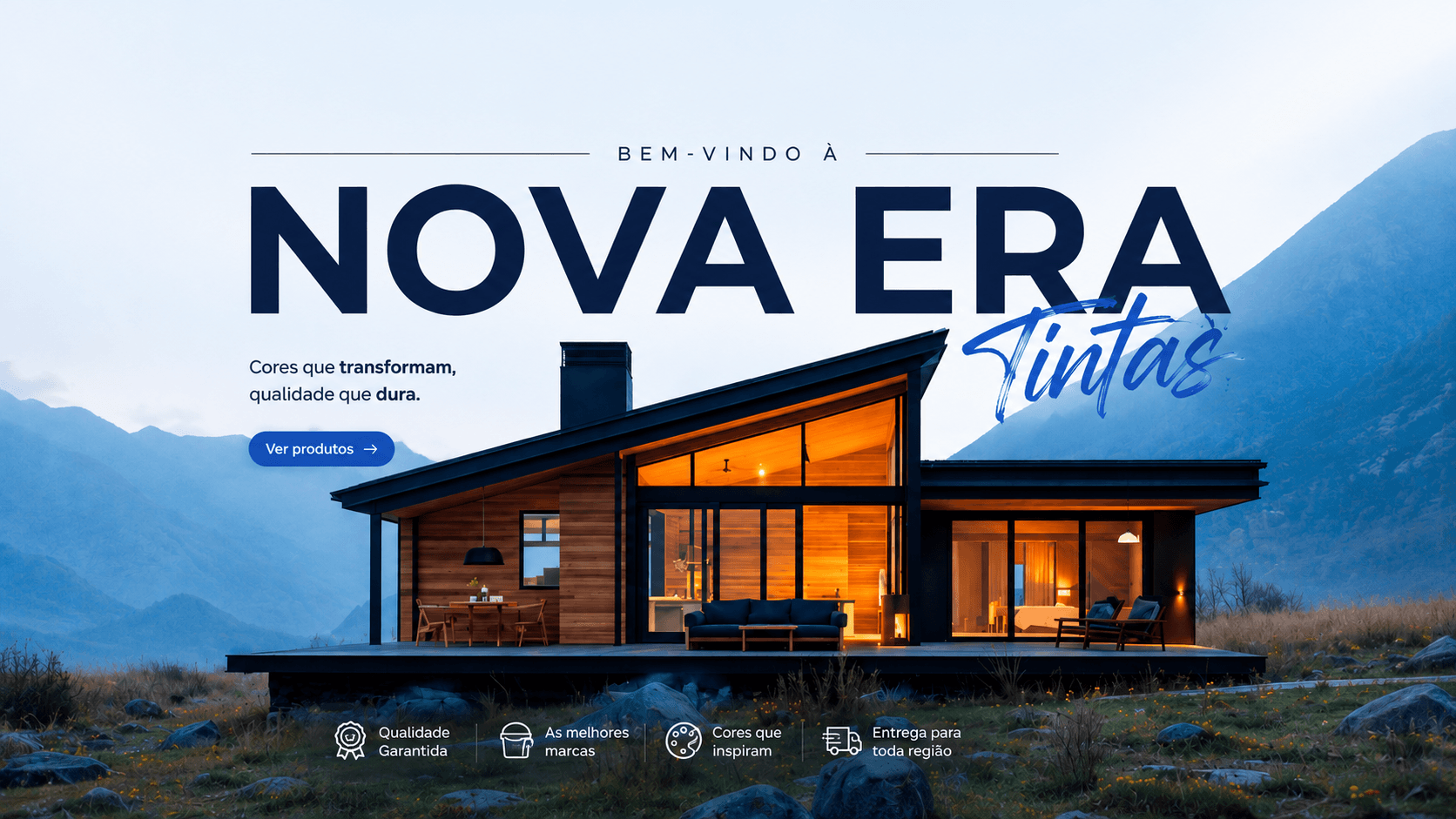 Casa moderna ao entardecer com a marca Nova Era Tintas